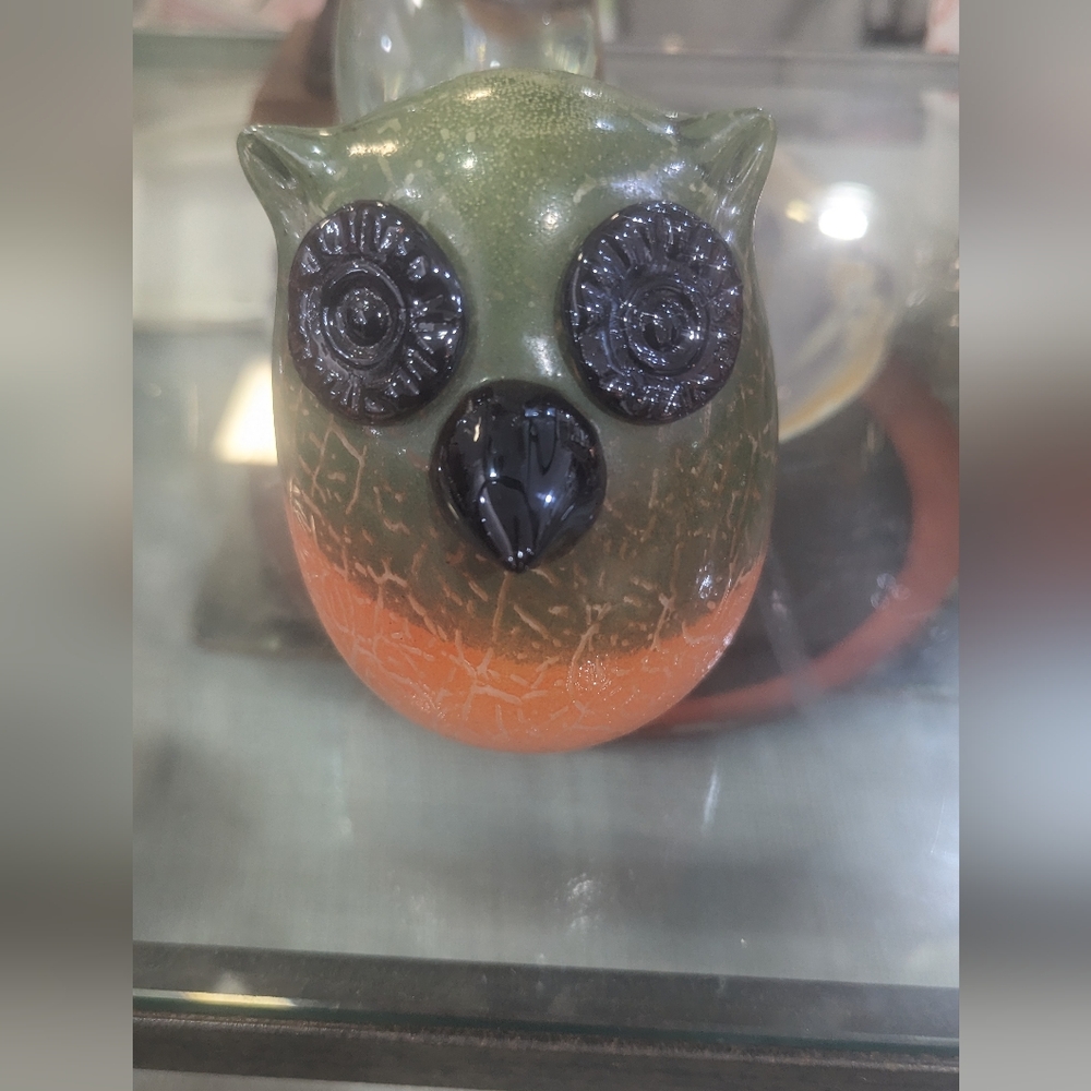 Vintage Murano Orange And Green Glass Owl